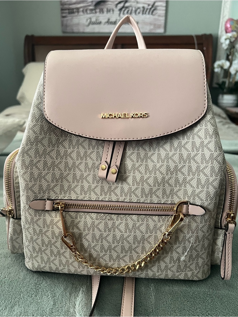 Michael Kors Pink MK Logo-Print Backpack with Gold Chain Accent